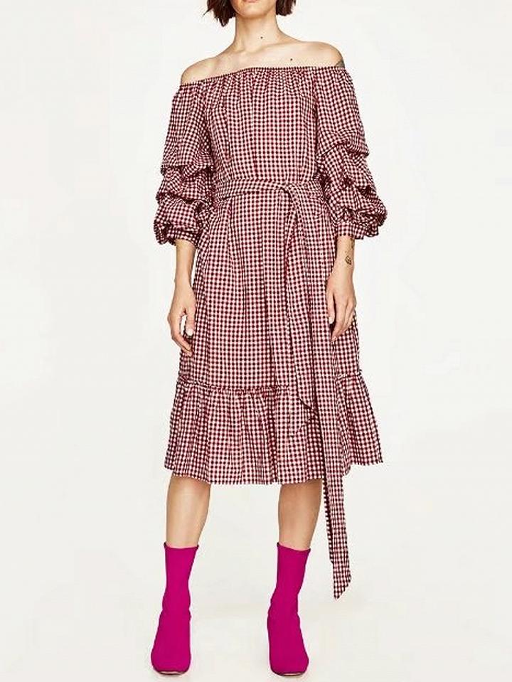Choies Red Plaid Off Shoulder Ruched Sleeve Tie Waist Ruffle Hem Midi Dress