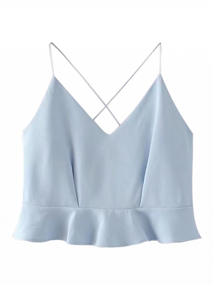 Choies Blue V Neck Cross Back Ruffle Hem Cami Crop Top