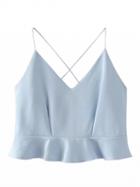 Choies Blue V Neck Cross Back Ruffle Hem Cami Crop Top