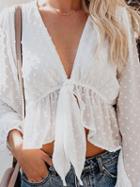 Choies White Plunge Tie Front Puff Sleeve Chic Women Crop Blouse