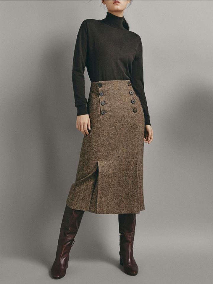 Choies Khaki High Waist Double Breasted Front Women Midi Skirt