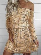 Choies Beige Off Shoulder Sequin Embellished Mesh Long Sleeve Dress