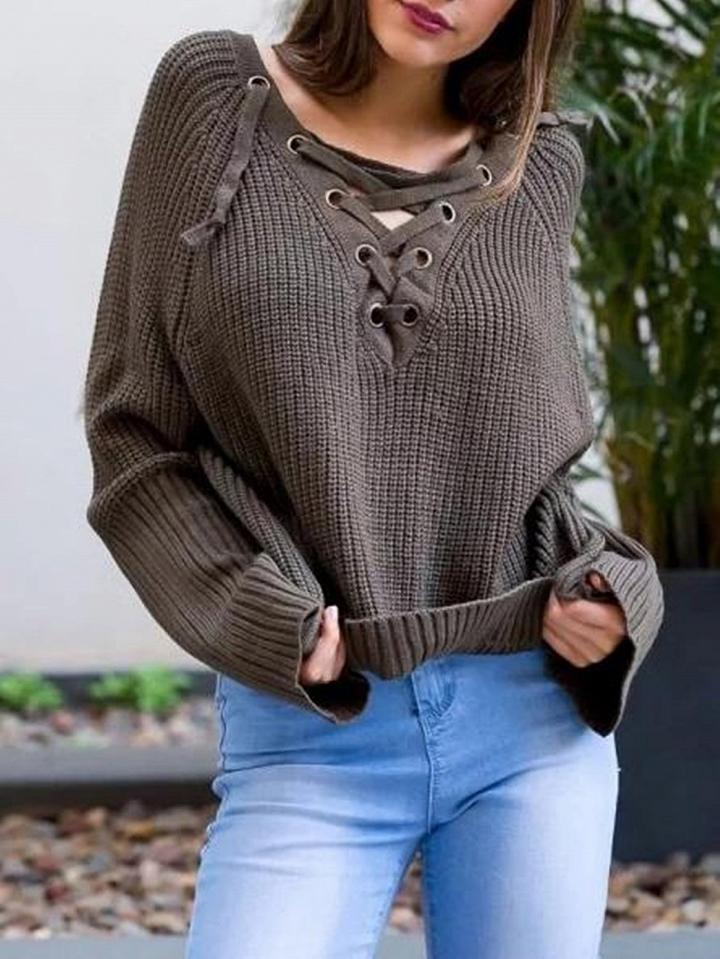 Choies Army Green Plunge Lace Up Front Flared Sleeve Dipped Hem Jumper