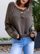 Choies Army Green Plunge Lace Up Front Flared Sleeve Dipped Hem Jumper