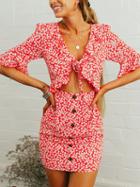 Choies Red V-neck Floral Print Button Placket Front Bodycon Mini Dress