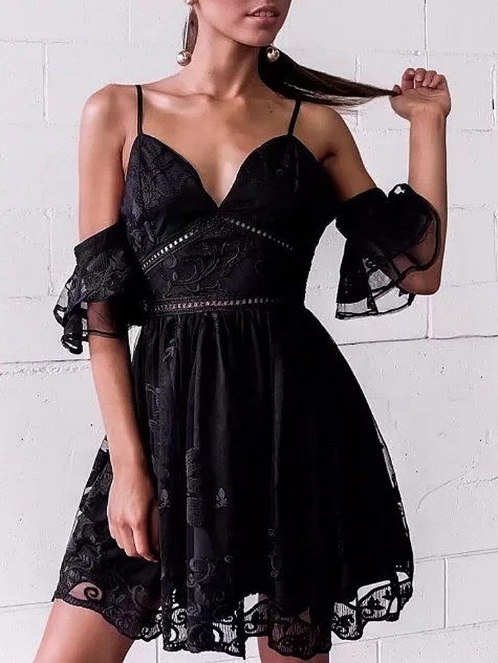 Choies Black Spaghetti Strap V-neck Lace Panel Mini Dress