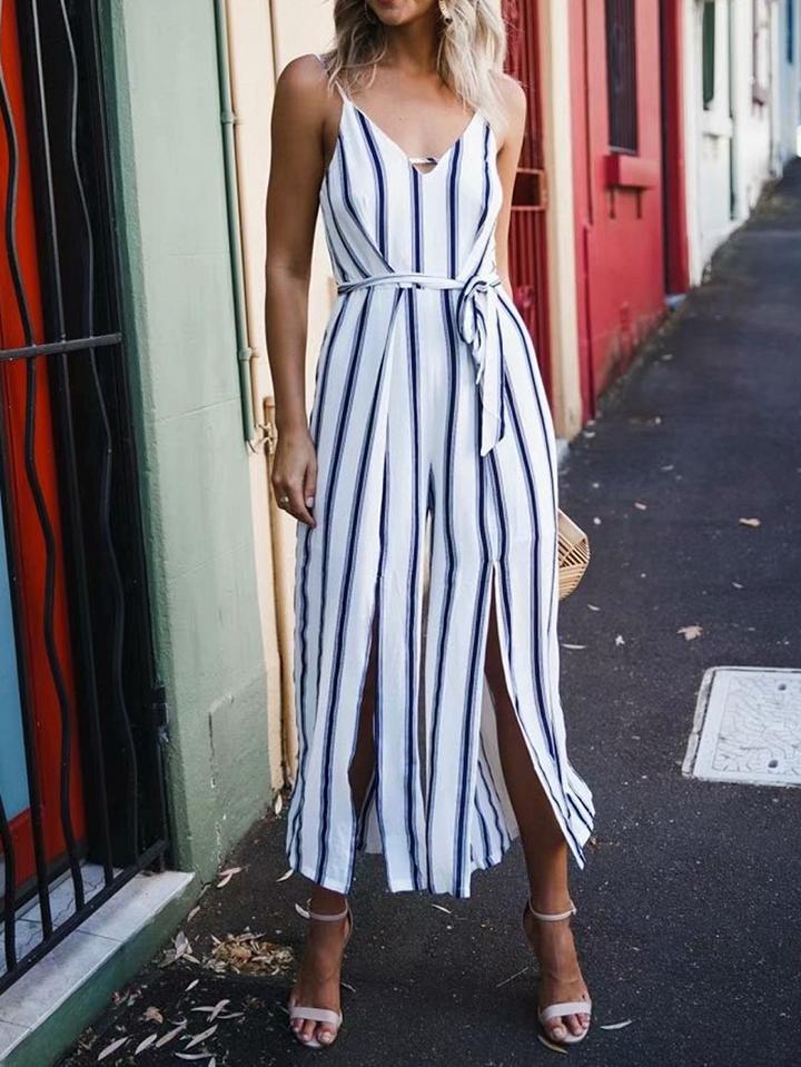 Choies White Stripe Chiffon Spaghetti Strap V-neck Chic Women Romper Jumpsuit