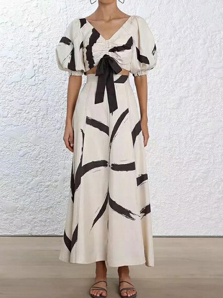 Choies Beige Chiffon V-neck Ink Print Chic Women Crop Top And Maxi Skirt