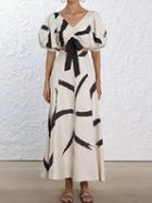 Choies Beige Chiffon V-neck Ink Print Chic Women Crop Top And Maxi Skirt
