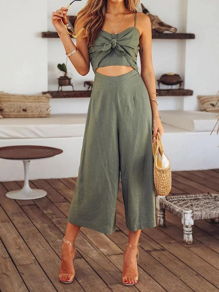 Choies Green Cotton Blend Tie Front Cut Out Detail Chic Women Romper Jumpsuit