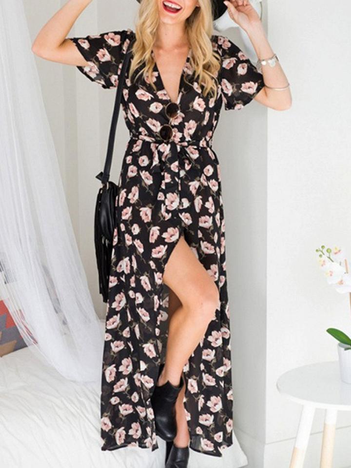 Choies Black V-neck Tie Waist Floral Print Thigh Split Maxi Dress