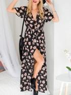 Choies Black V-neck Tie Waist Floral Print Thigh Split Maxi Dress