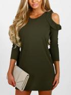 Choies Army Green Cold Shoulder Ruffle Trim Mini Dress