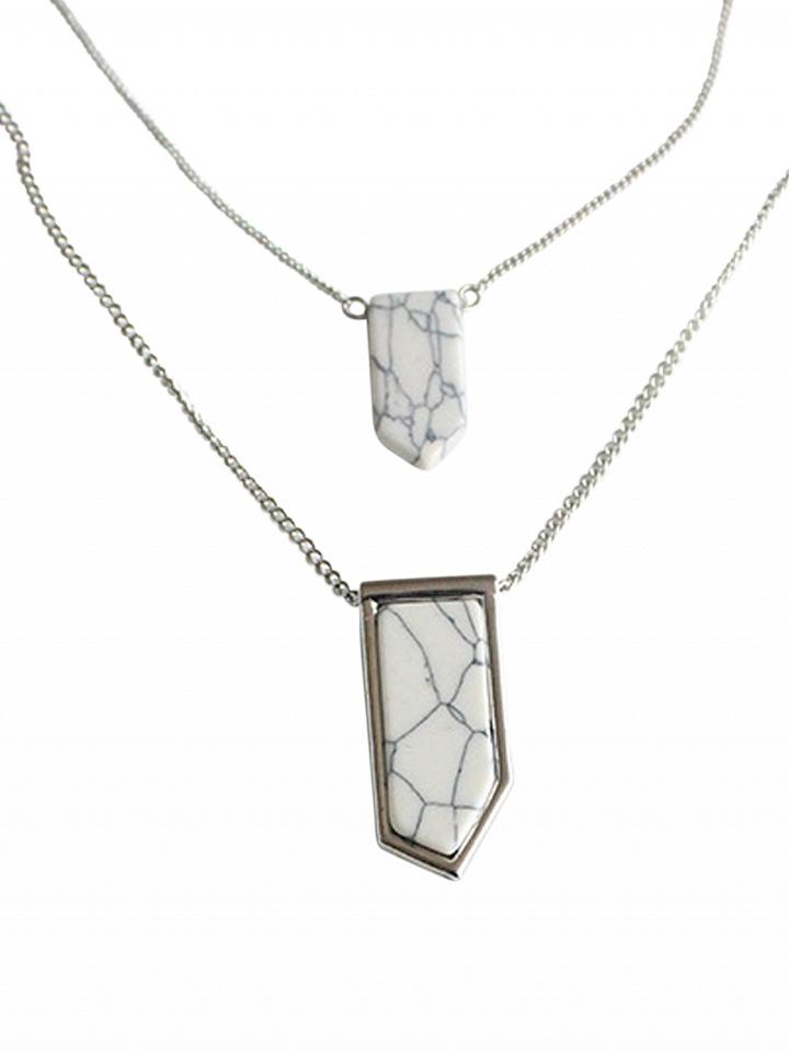 Choies Silver Geometric Stone Pendant Multirow Chain Necklace