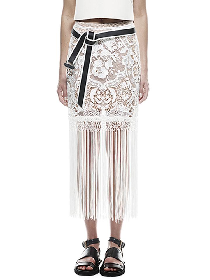 Choies White Embroidery Lace Tassels Pencil Skirt