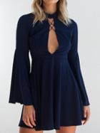 Choies Blue Plunge Open Back Strap Cross Front Flare Sleeve Mini Dress