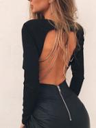 Choies Black Chain Harness Back Long Sleeve Crop Top