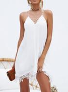 Choies White Cotton V-neck Lace Panel Open Back Chic Women Cami Mini Dress