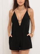 Choies Black V Front And Back Caged Ring Cami Romper Playsuit