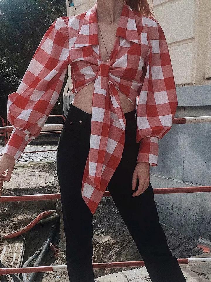 Choies Red Plaid Cotton V-neck Tie Front Puff Sleeve Chic Women Crop Blouse