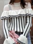 Choies Black Stripe Ruffle Trim Flare Sleeve Chic Women Knit Sweater