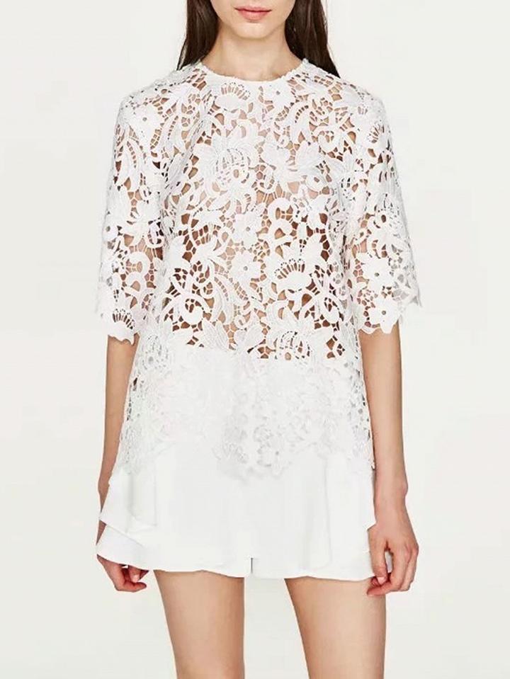 Choies White Half Sleeve Keyhole Back Semi Sheer Lace Top