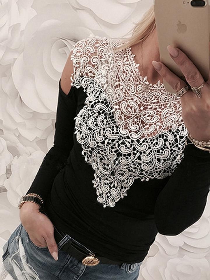 Choies Black Cold Shoulder Crochet Lace Panel Long Sleeve T-shirt