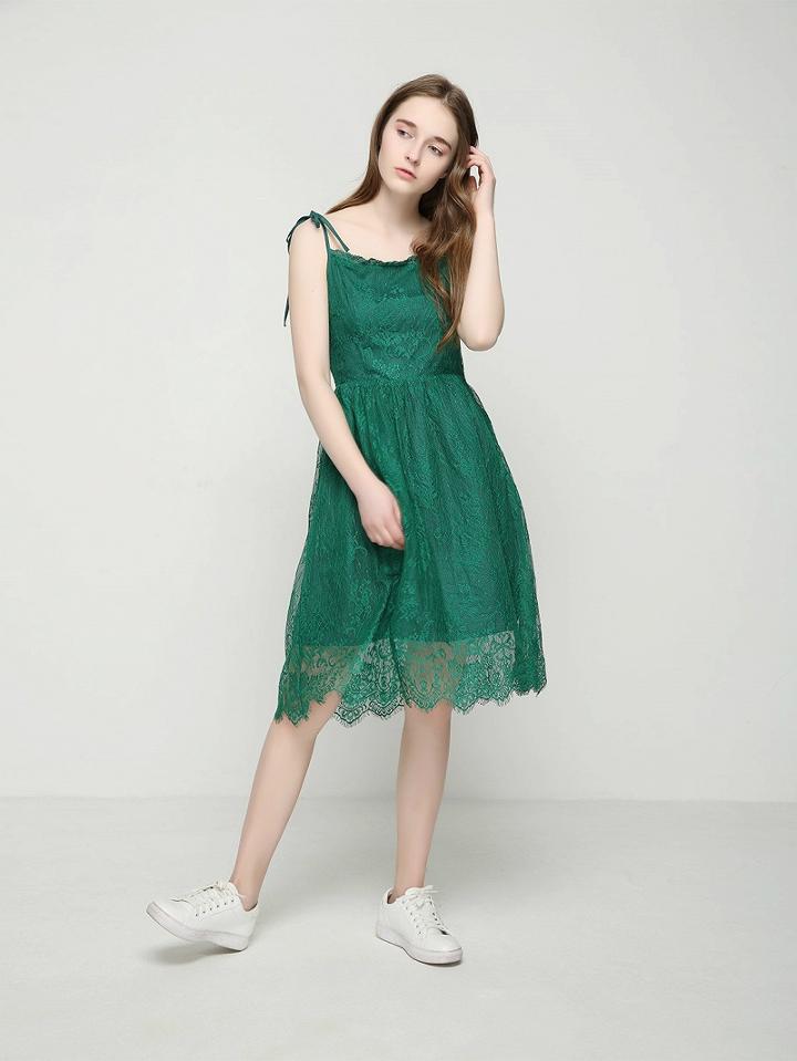 Choies Green High Waist Spaghetti Strap Lace Dress