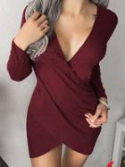 Choies Burgundy V-neck Wrap Asymmetric Hem Bodycon Mini Dress