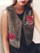 Choies Brown Open Front Embroidery Floral Faux Fur Sleeveless Waistcoat