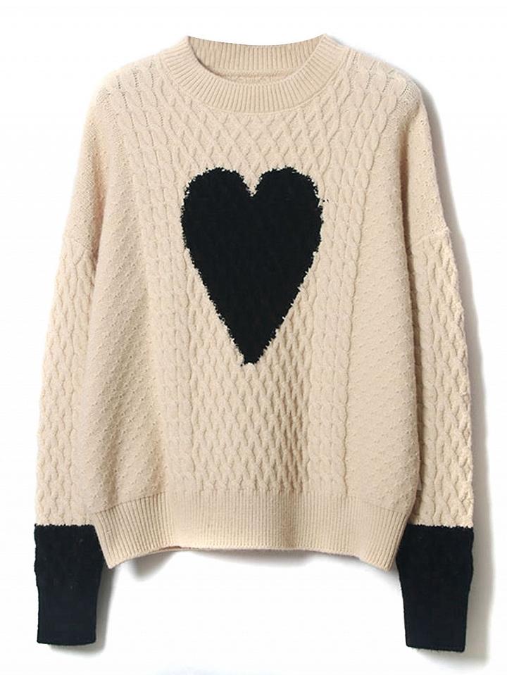 Choies Beige Contrast Heart Pattern Long Sleeve Knit Sweater