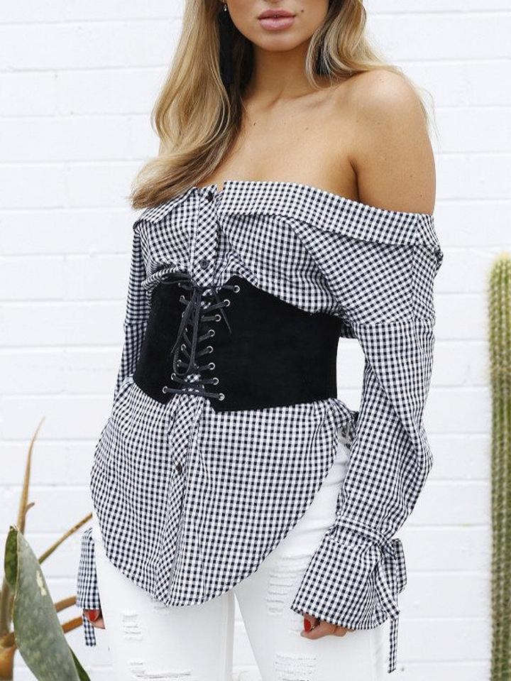 Choies Black Plaid Off Shoulder Tie Sleeve Shirt