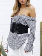 Choies Black Plaid Off Shoulder Tie Sleeve Shirt