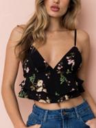 Choies Black V-neck Floral Print Ruffle Trim Open Back Crop Cami Top