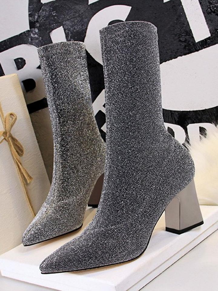 Choies Silver Pointed Toe Chic Women Sparkle Stretch Heeled Ankle Boots
