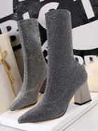 Choies Silver Pointed Toe Chic Women Sparkle Stretch Heeled Ankle Boots