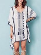 Choies White V-neck Geo Pattern Print Tassel Trim Mini Dress
