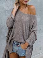 Choies Khaki Crew Neck Split Side Long Sleeve Women Knit Sweater