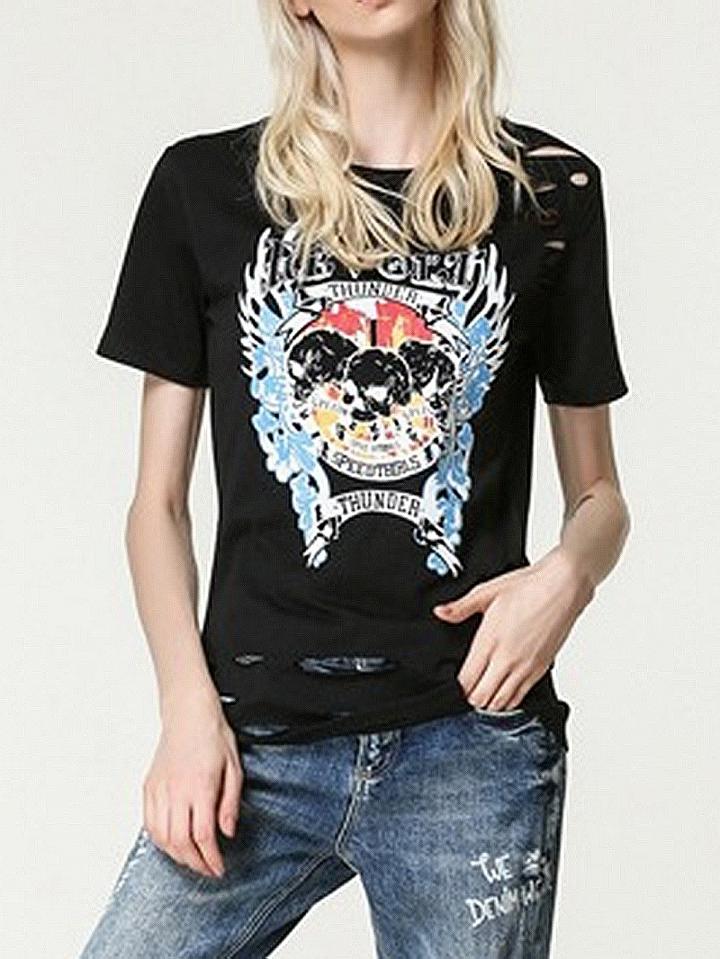 Choies Black Crew Neck Comic Print Cut Out Detail Blouse