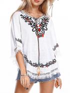 Choies White Crew Neck Floral Print Tassel Detail Blouse