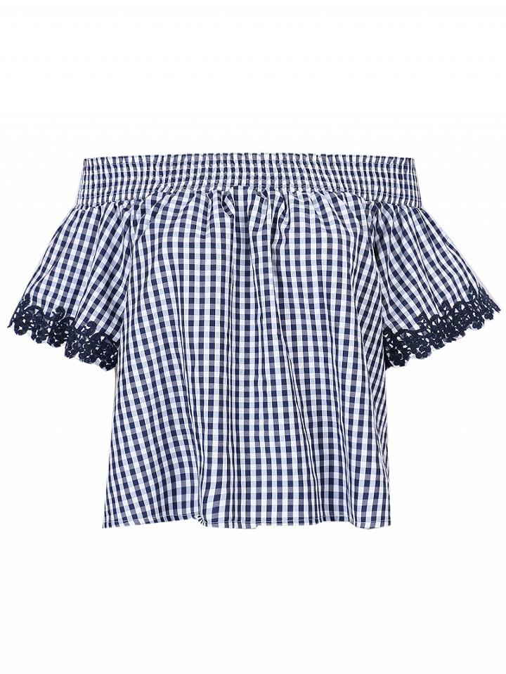 Choies Blue Plaid Off Shoulder Short Sleeve Blouse