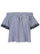 Choies Blue Plaid Off Shoulder Short Sleeve Blouse