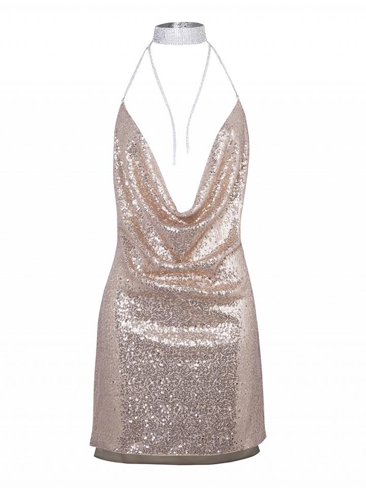 Choies Golden Cowl Front Open Back Split Side Sequined Bodycon Dress