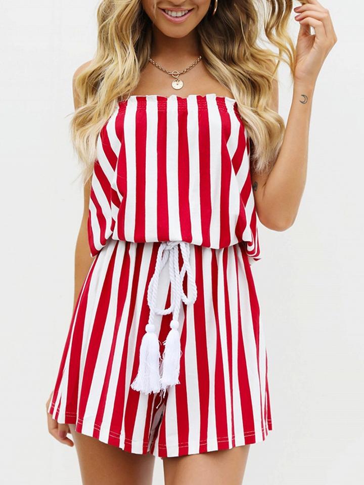 Choies Red Stripe Cotton Blend Bandeau Frill Trim Chic Women Romper Playsuit