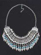 Choies Silver Turquoise Beaded Ornate And Drop Statement Necklace