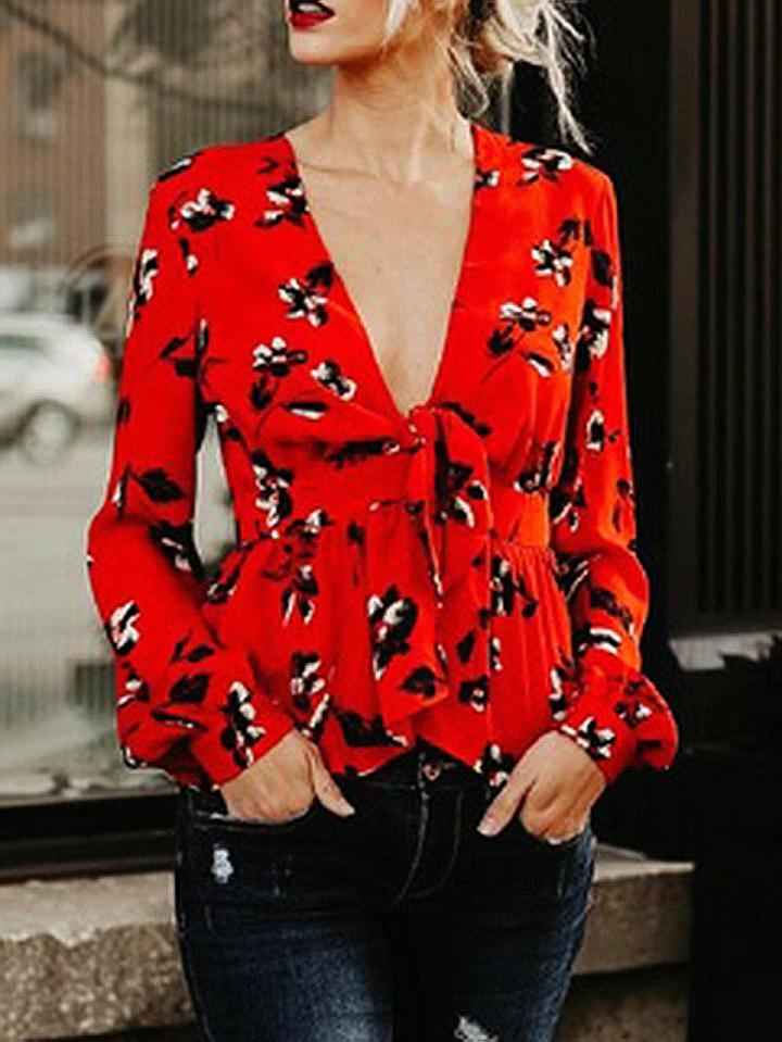Choies Red Plunge Knot Front Print Detail Long Sleeve Blouse