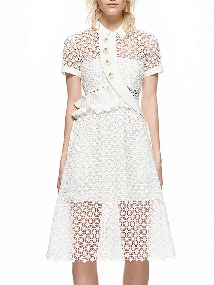 Choies White Curved Button Placket Plunge Back Frill Lace Midi Dress