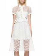 Choies White Curved Button Placket Plunge Back Frill Lace Midi Dress