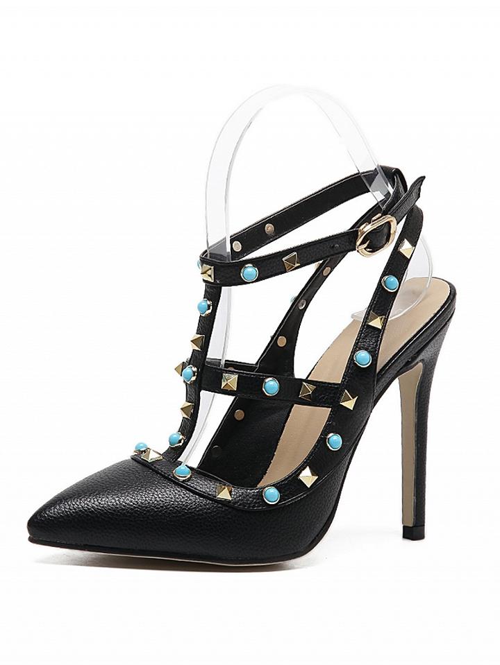 Choies Black Stud And Beaded Strapy Pointed Heeled Shoes