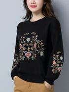 Choies Black Embroidery Floral Long Sleeve Knit Sweater